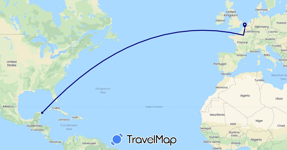 TravelMap itinerary: driving in France, Mexico (Europe, North America)